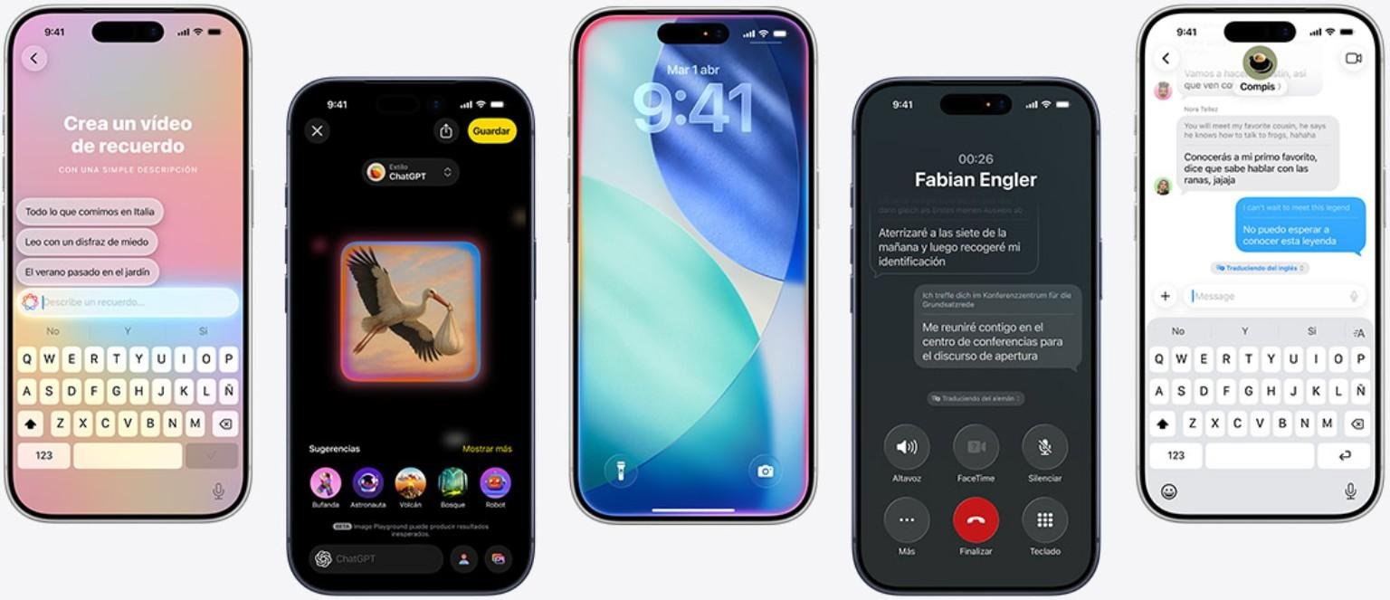 Pantallas oficiales de Apple Intelligence mostrando funciones de Siri como creación de contenido, conversación contextual, traducción y acciones en iPhone