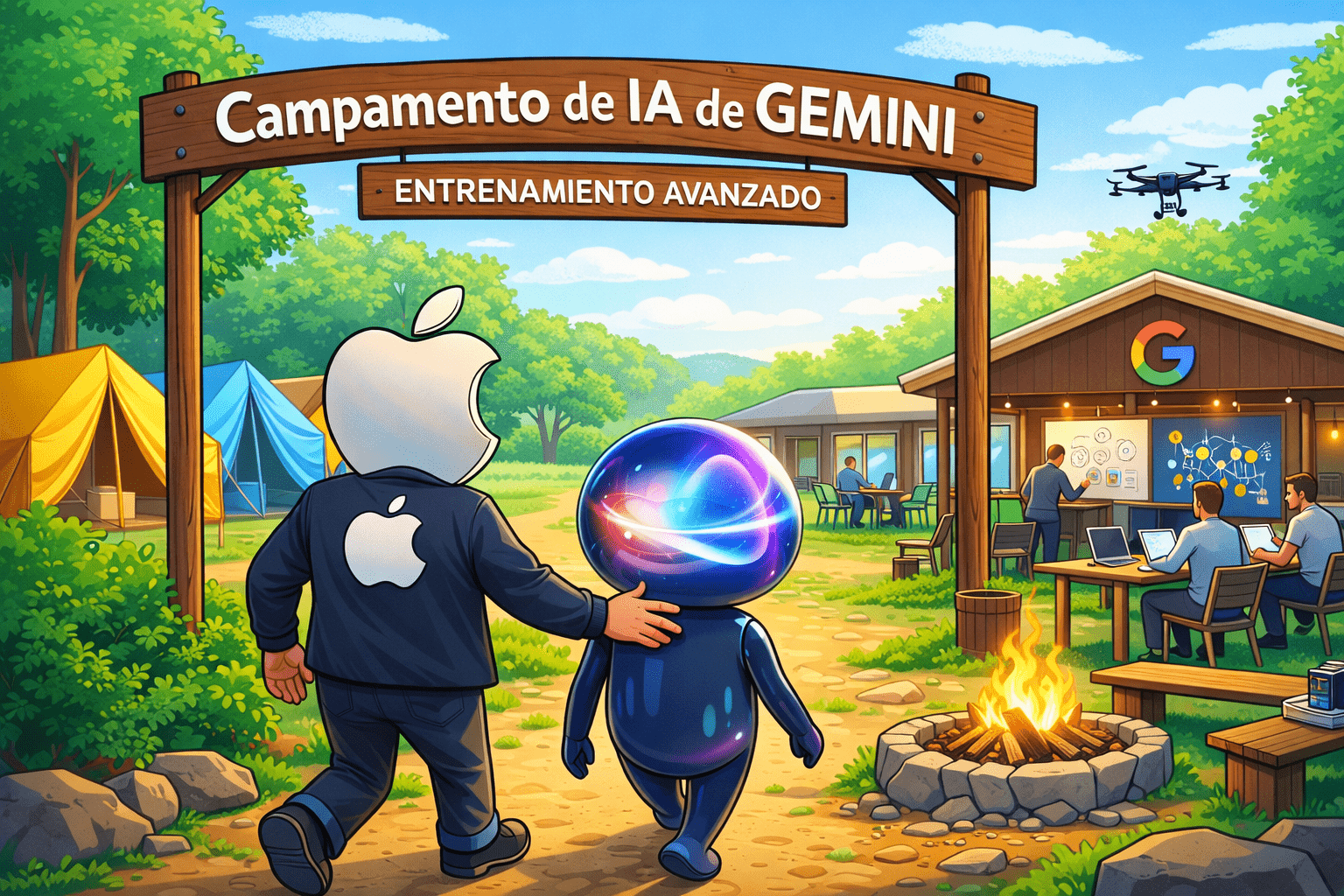 Ilustración caricaturesca de Apple llevando a Siri al campamento de entrenamiento de Gemini como base de Apple Intelligence