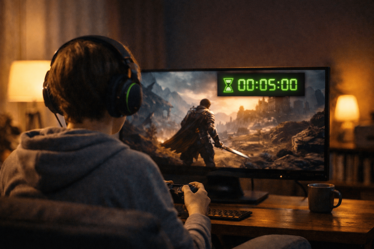 Gamer jugando en casa con un contador de tiempo en pantalla que limita el uso del cloud gaming