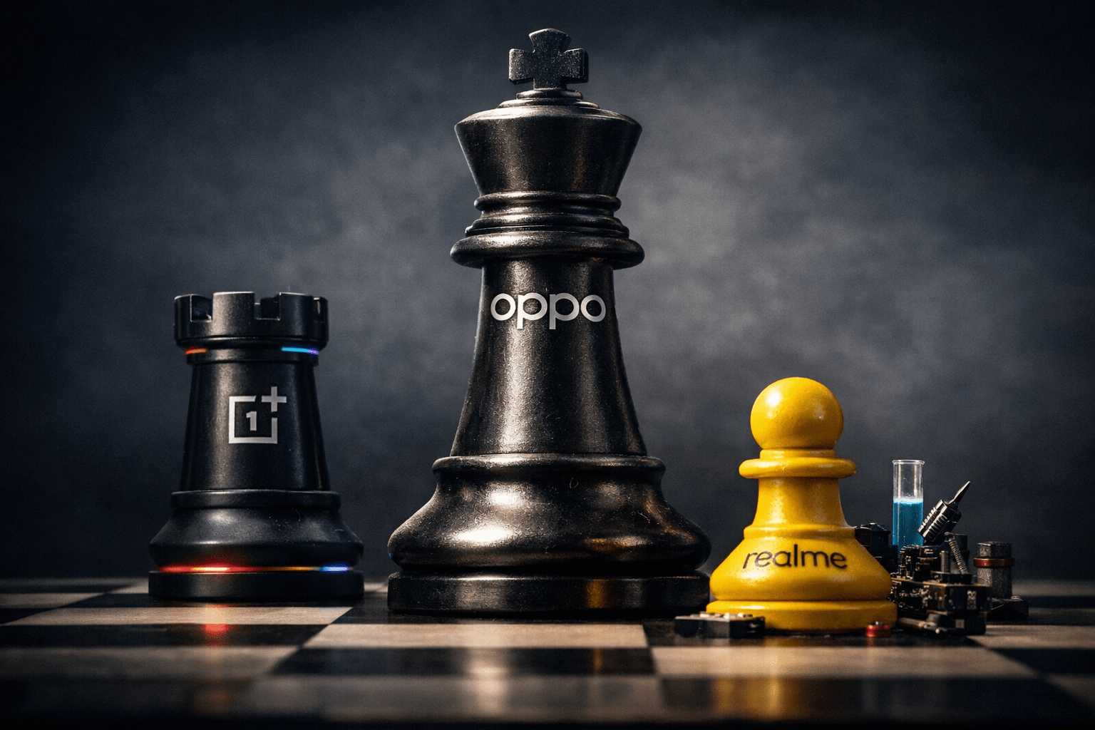 Metáfora visual del nuevo reparto de roles entre Oppo, OnePlus y realme en la industria Android