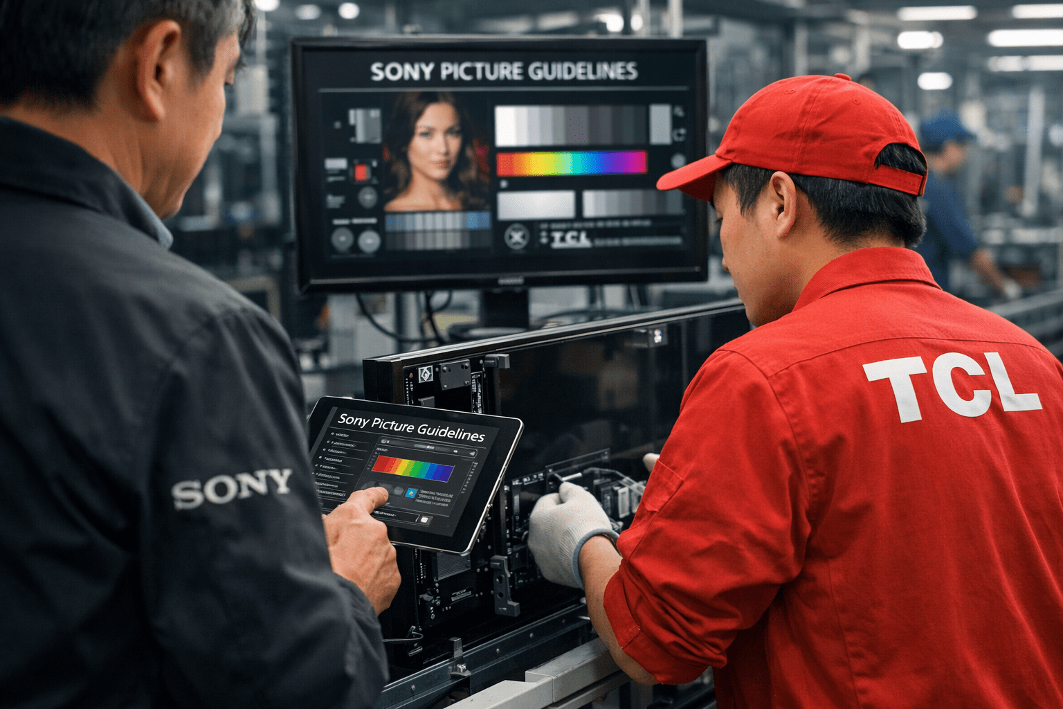 Técnico de TCL ensamblando un televisor bajo las directrices de calidad y calibración de imagen de Sony