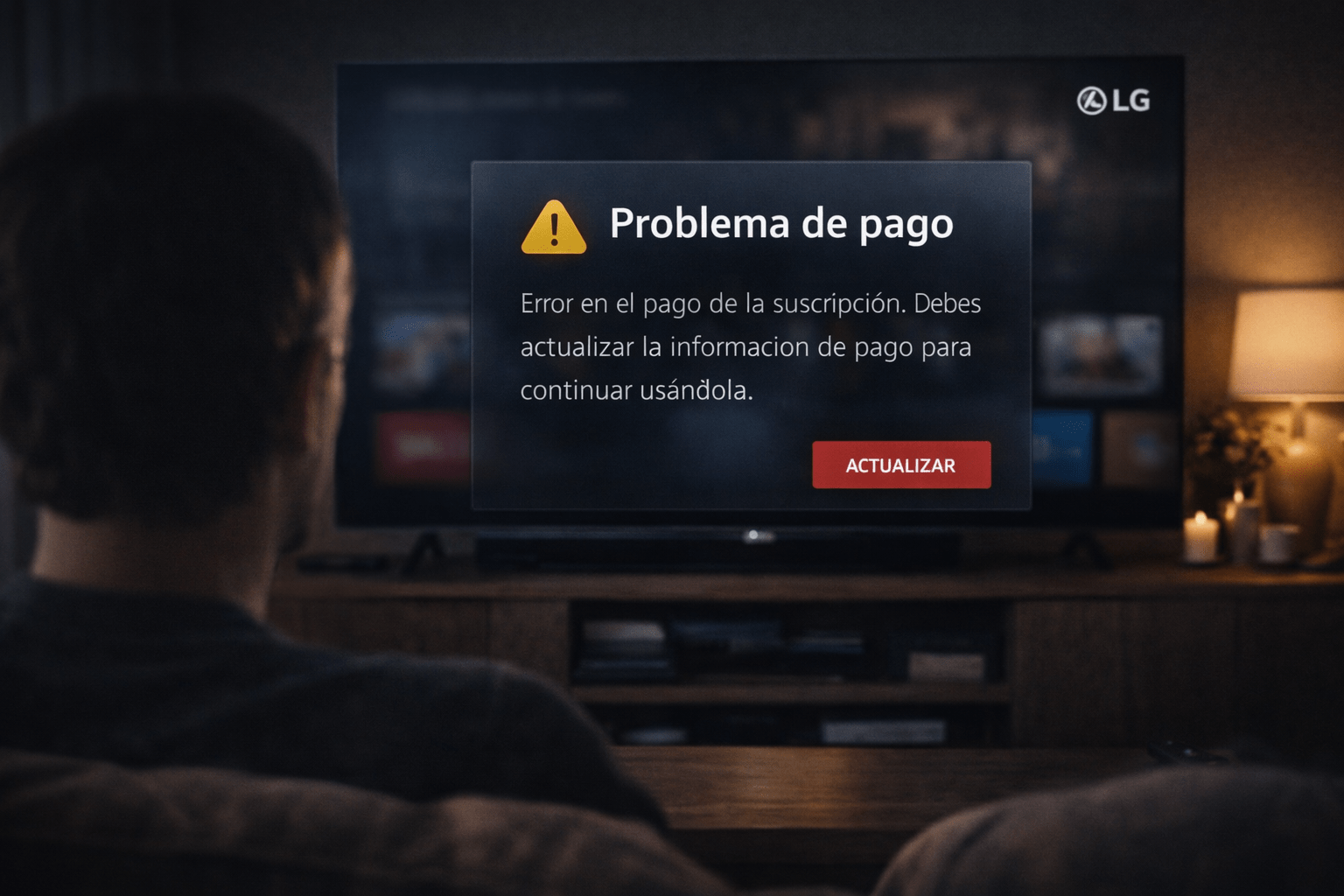 Persona viendo una televisión LG OLED que muestra un error de pago de la suscripción en pantalla