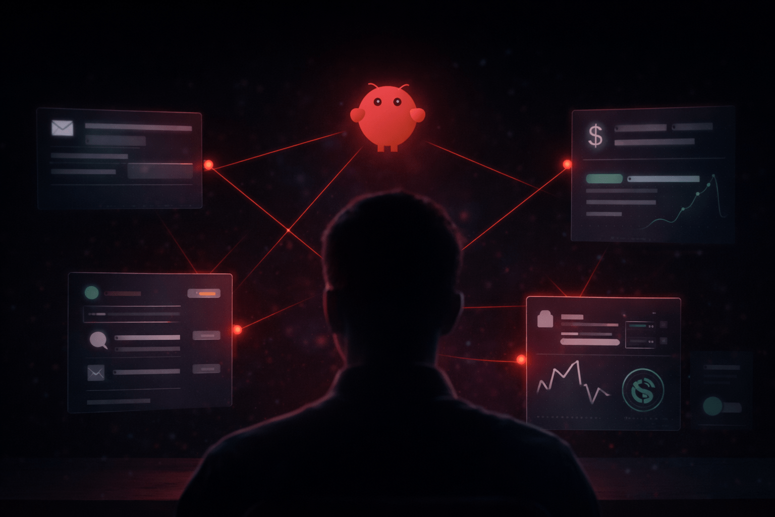 Ilustración editorial de un asistente de IA como extensión de la identidad digital, conectando correo, mensajería y finanzas.