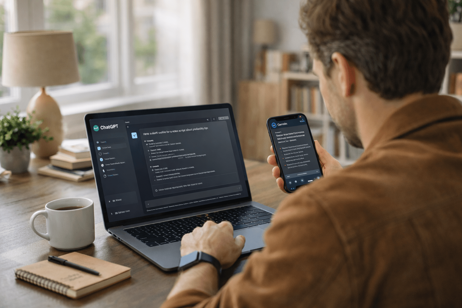 Persona trabajando con ChatGPT en el ordenador y Gemini en el móvil, usando inteligencia artificial como apoyo sin delegar el control