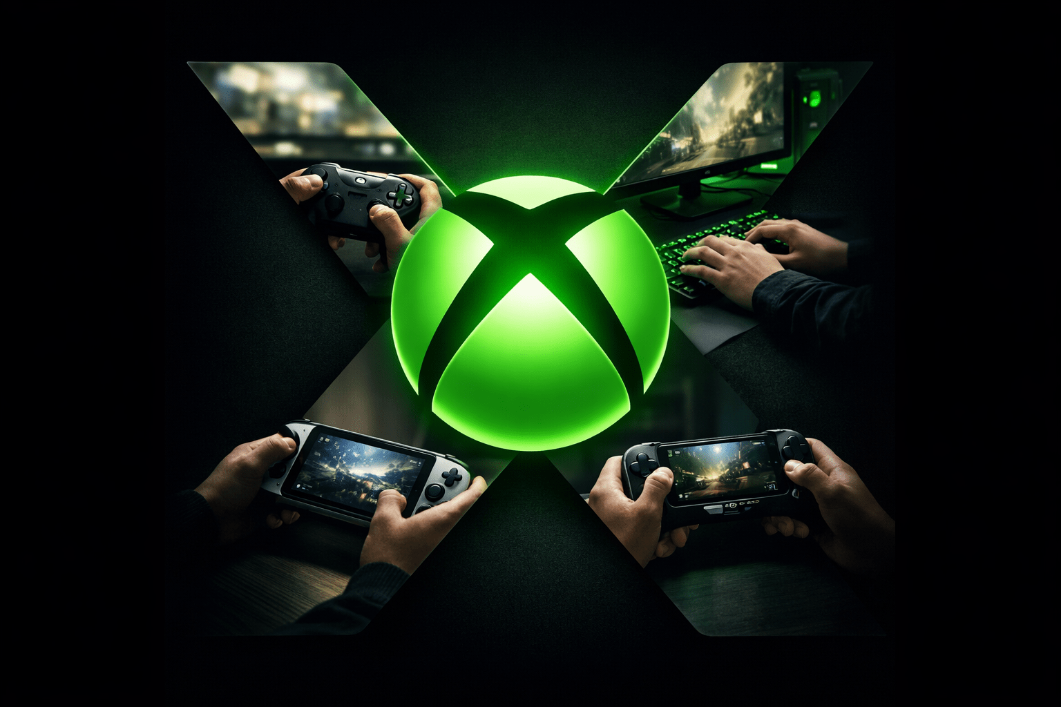 Collage en forma de X de Xbox con escenas de juego en consola, PC, portátil y móvil