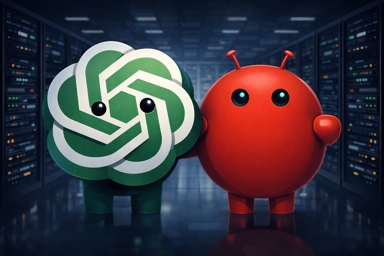 Ilustración de los logos de ChatGPT y OpenClaw juntos en un centro de datos moderno