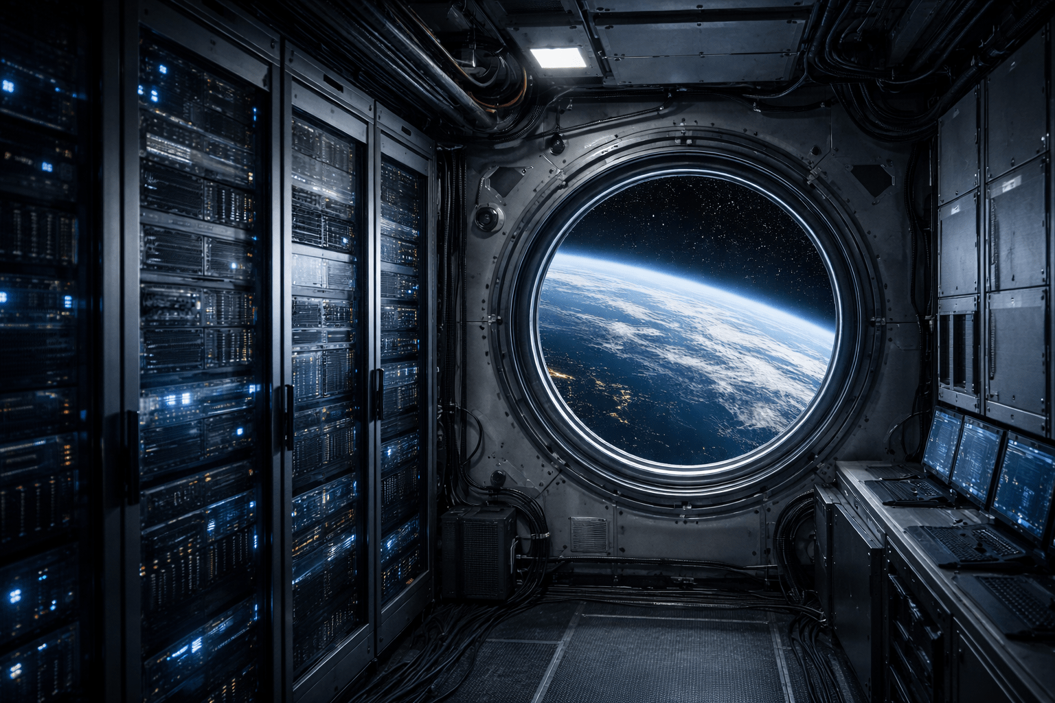 Interior de un módulo orbital con racks de servidores y una pequeña ventana circular mostrando la Tierra desde órbita baja.