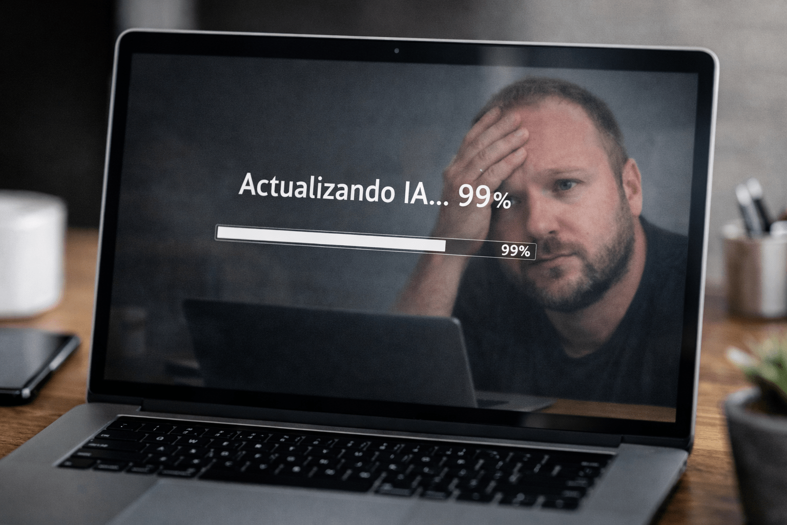 Pantalla de portátil con una actualización de IA atascada al 99 % y el reflejo de una persona visiblemente desesperada