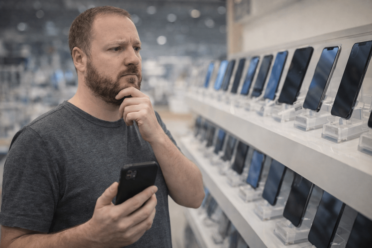 Hombre dudando ante una estantería de móviles nuevos mientras sostiene su smartphone actual