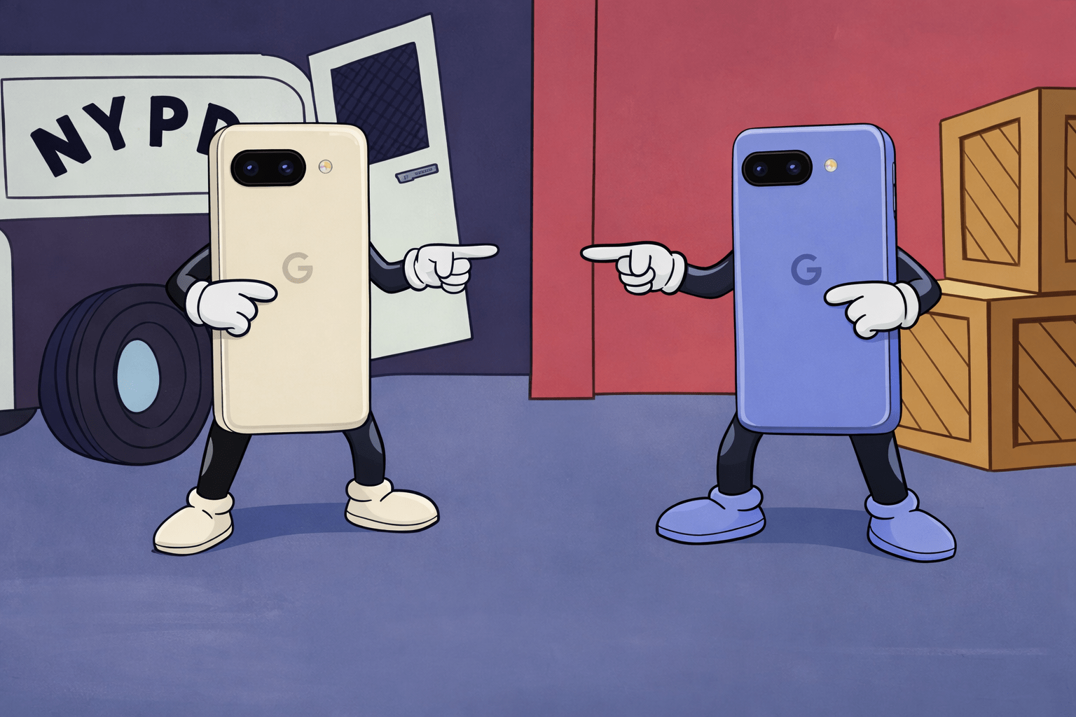 Ilustración estilo meme de dos Google Pixel 9a y Pixel 10a señalándose mutuamente, representando la confusión entre generaciones casi idénticas de smartphones.