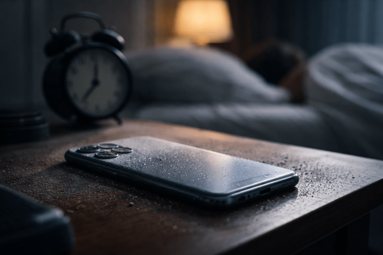 Un smartphone sobre una mesilla junto a un despertador, integrado en una escena cotidiana de dormitorio