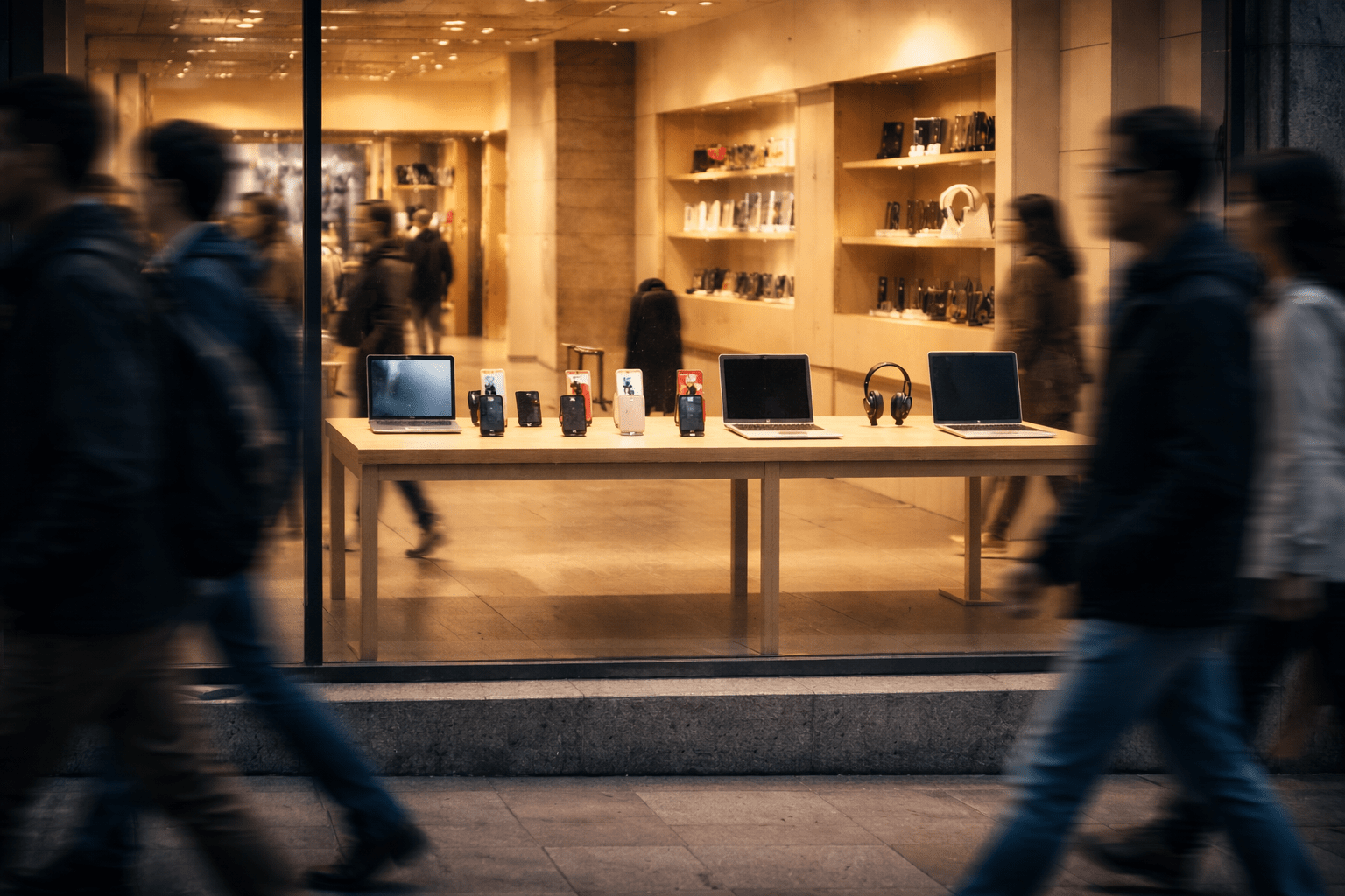 Escaparate de una tienda de tecnología iluminada, con dispositivos expuestos y peatones pasando borrosos por la calle