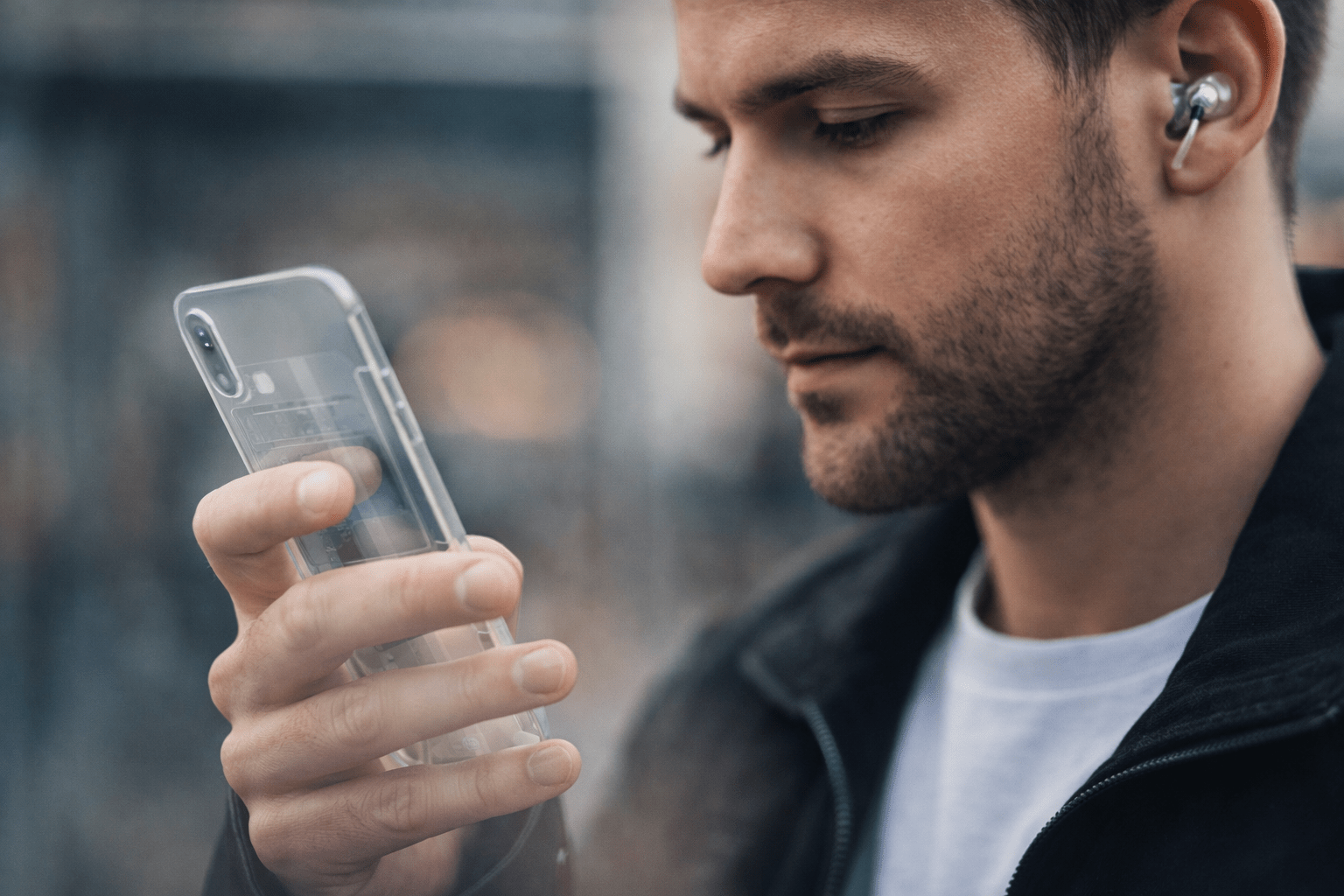 Persona usando un smartphone y auriculares inalámbricos de diseño discreto en un entorno urbano