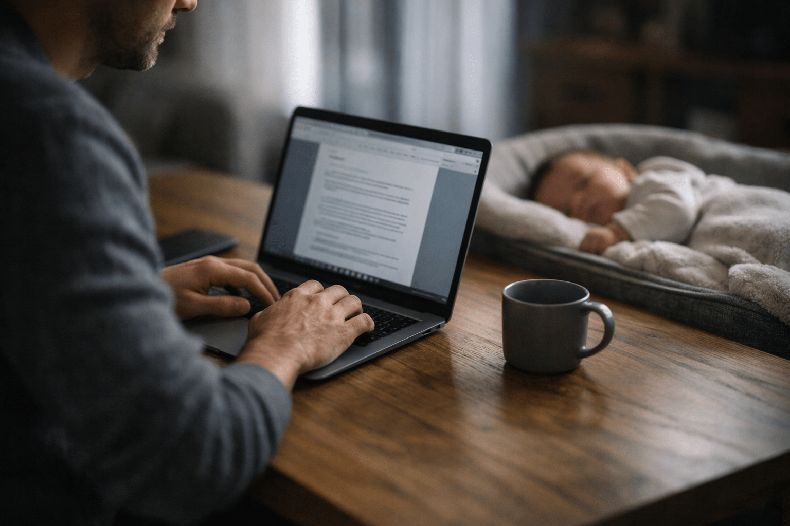 Persona trabajando con un portátil en una mesa de casa mientras un bebé duerme a su lado