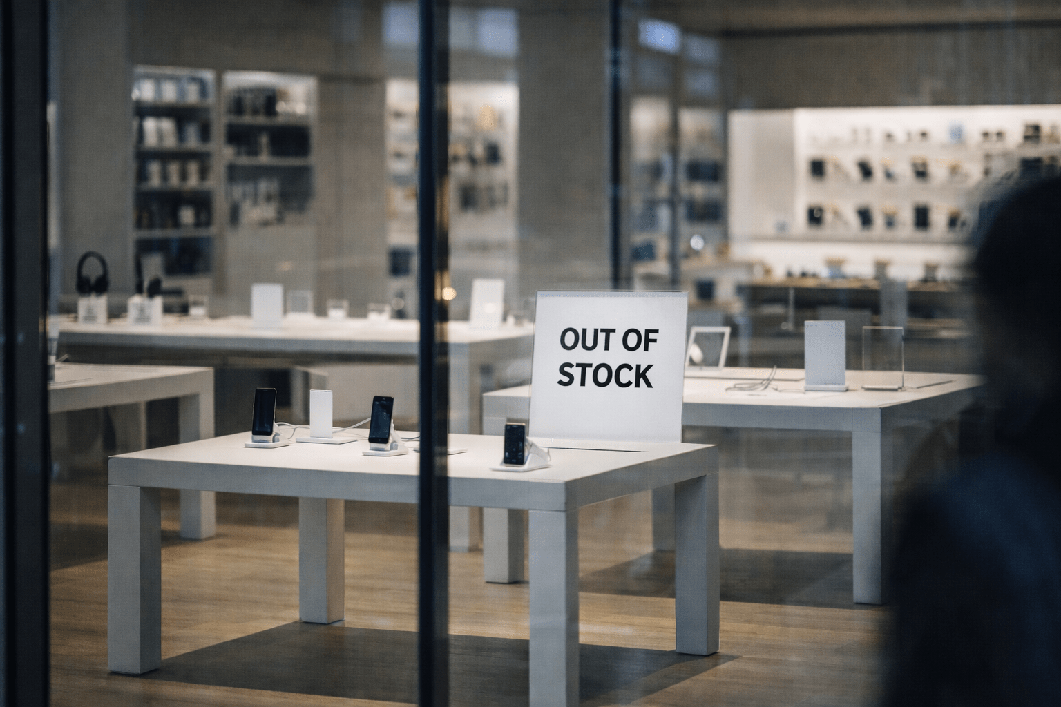 Escaparate de una tienda de tecnología con mesas de exposición casi vacías y un cartel de “out of stock”