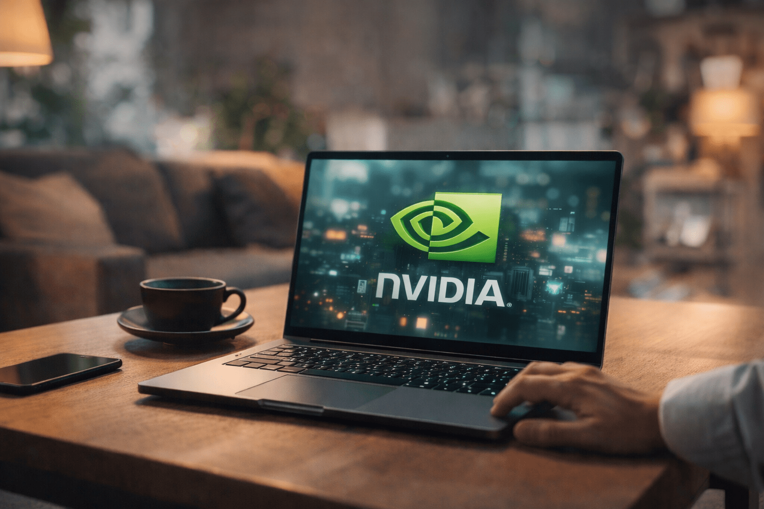 Portátil moderno sobre una mesa en un salón con el logo de NVIDIA en pantalla, representando el nuevo PC con inteligencia artificial