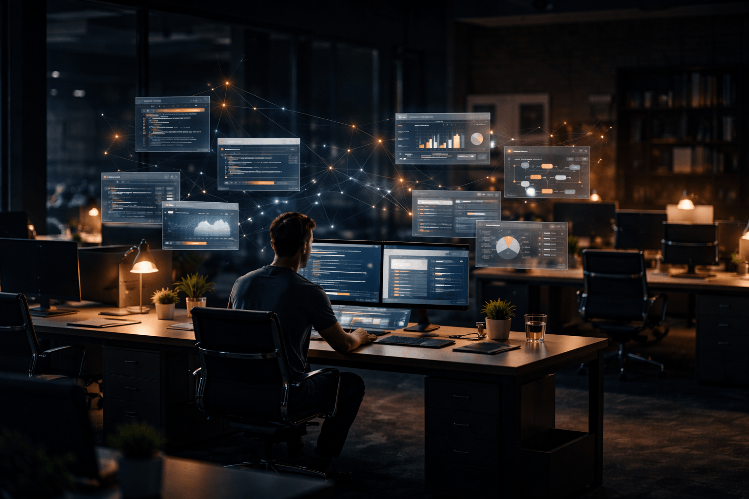 Oficina casi vacía con una sola persona trabajando mientras múltiples interfaces digitales representan agentes de inteligencia artificial ejecutando tareas automáticamente.